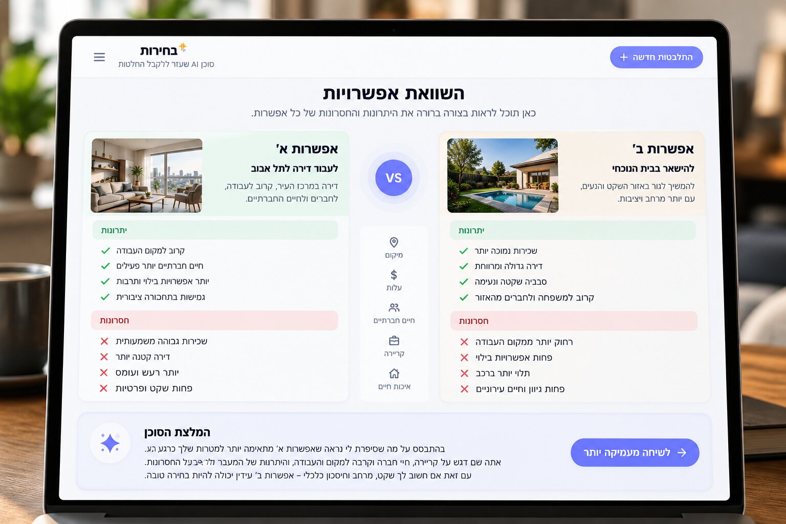 שתי אפשרויות זו מול זו עם יתרונות, חסרונות ושיקולים שהסוכן עוזר לנתח