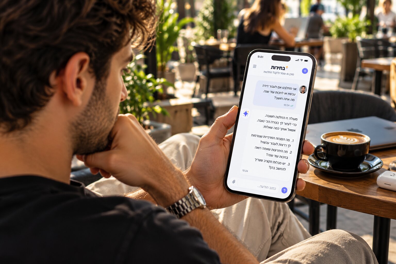 אדם משתמש בסוכן בחירות מהטלפון, בבית קפה